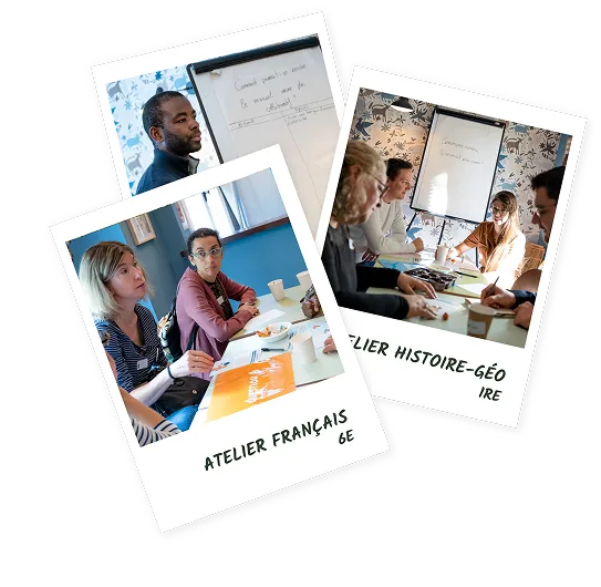 3 images polaroids d'enseignants en atelier en train d'échanger